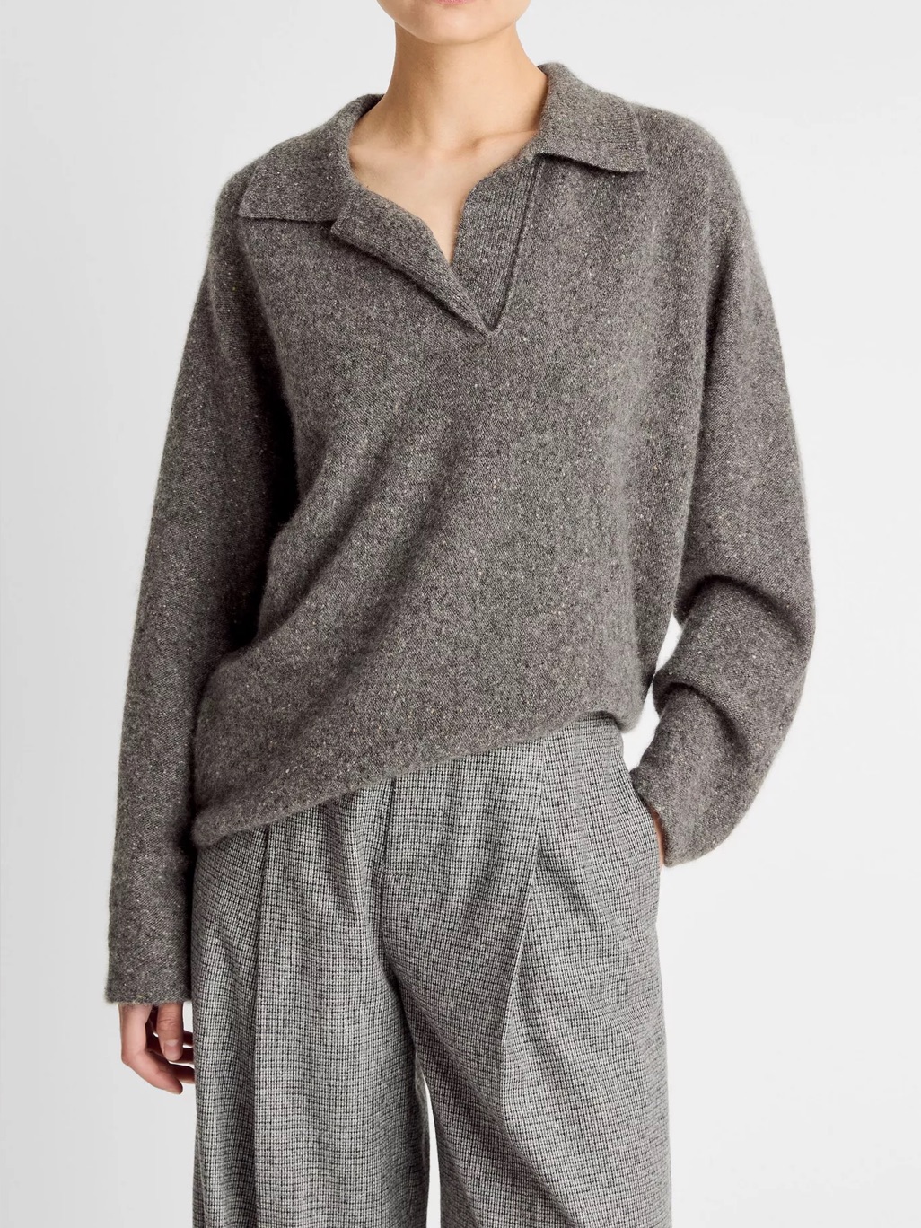 Vince Donegal Plush Cashmere Dolman-Sleeve Polo Sweater In Medium Heather Grey